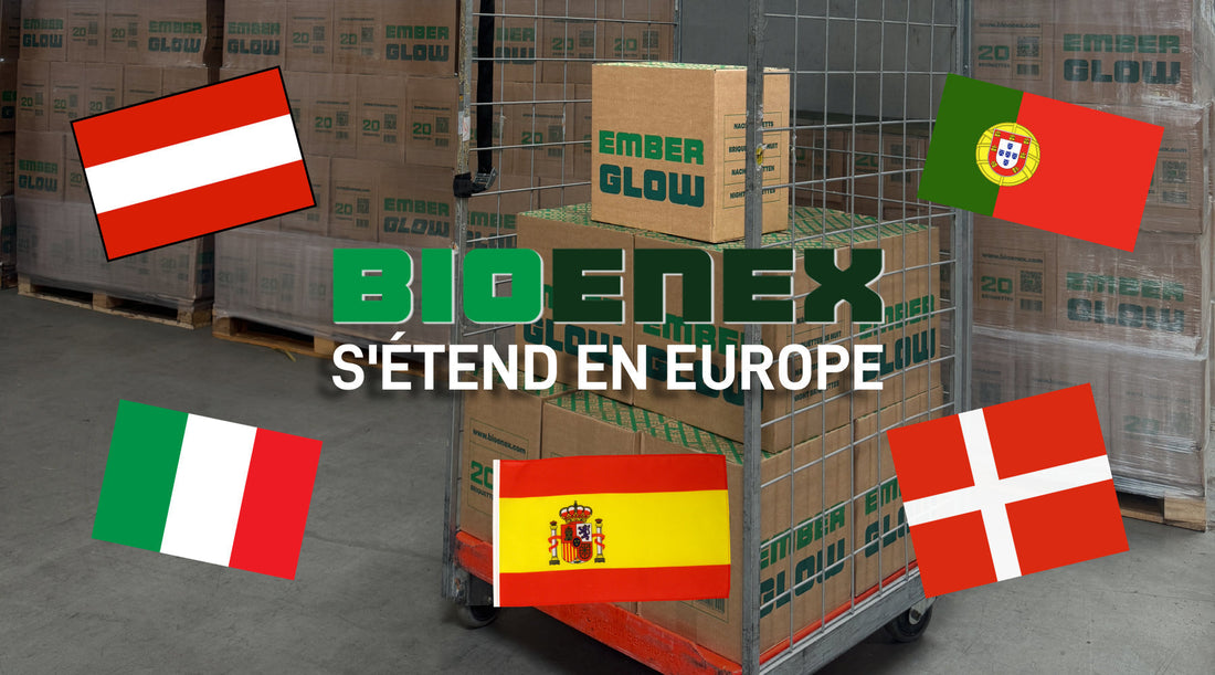 Bannière d'expansion européenne de BIOENEX : Chariot logistique chargé de cartons de briquettes de bois EmberGlow entouré des drapeaux de l'Autriche, du Danemark, de l'Italie, de l'Espagne et du Portugal avec le texte « BIOENEX S'Étend en Europe »